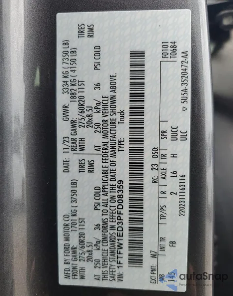 2023 Ford F150 Supercrew из США, поврежденный, VIN 1FTFW1ED3PFD08359